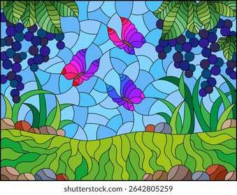 Stained glass illustration with black currant branches and butterflies on a meadow and sky background