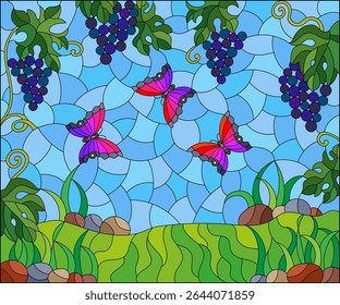 Stained glass illustration with black grapes branches and butterflies on a meadow and sky background