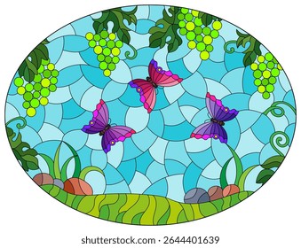 Stained glass illustration with black grapes branches and butterflies on a meadow and sky background