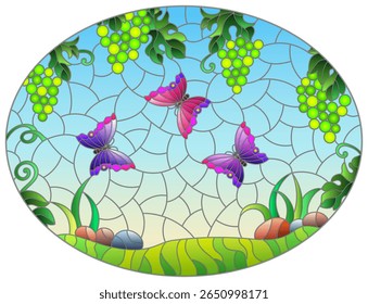 Ilustração de vitral com ramos de uvas pretas e borboletas em um prado e fundo do céu