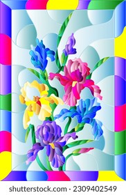 Stained glass illustration with a bouquet of abstract irises on a blue background , in a bright frame