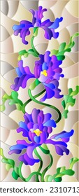 Stained glass illustration with a bouquet of abstract bright irises on a brown background 