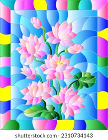 Stained glass illustration with a bouquet of abstract  lotuses on a blue background , in a bright frame