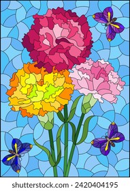 Stained glass illustration with a bouquet of asters and butterflies on a blue background