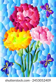 Stained glass illustration with a bouquet of asters and butterflies on a blue background