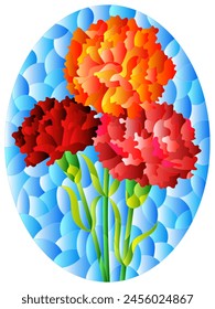 Stained glass illustration with a bouquet of asters  on a blue background, oval image