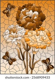 Stained glass illustration with a bouquet of asters and butterflies on a sky background