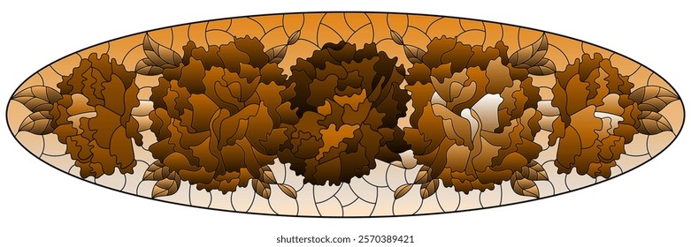 Stained glass illustration with a bouquet of asters  on a sky background, oval image, tone brown