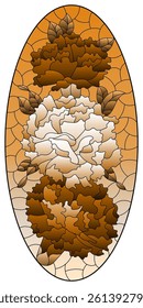 Stained glass illustration with a bouquet of asters  on a sky background, oval image, tone brown