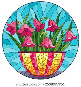 Ilustración de vitrales con un ramo de flores de campanario, composición sobre un fondo azul