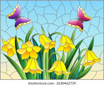 Stained glass illustration with a bouquet of bellflowers flowers, composition on a blue background