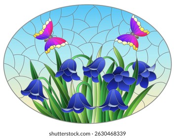 Stained glass illustration with a bouquet of bellflowers flowers, composition on a blue background