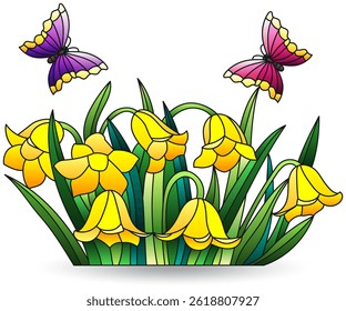 Stained glass illustration with bouquet of bluebell flowers, isolated on a white background