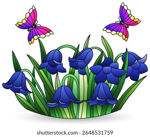 Ilustração em vidro manchado com buquê de flores de bluebell, isolado em um fundo branco