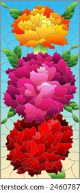 Stained glass illustration with a bouquet of bright asters  on a blue background