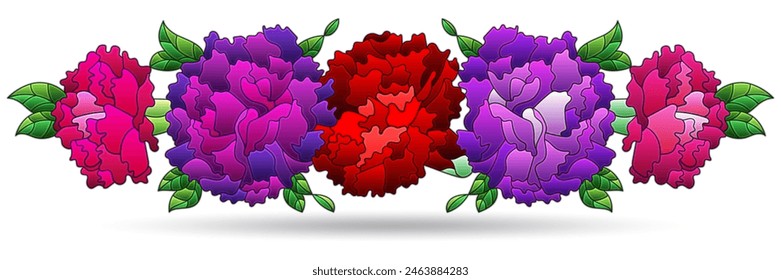 Stained glass illustration with bouquet of carnations, flowers isolated on a white background