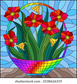 Stained glass illustration with a bouquet of flowers, composition on a blue background