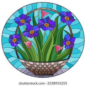 Ilustración de vitrales con un ramo de flores, composición sobre un fondo azul