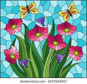 Stained glass illustration with a bouquet of flowers and butterflies, composition on a blue background