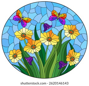 Stained glass illustration with a bouquet of flowers and 





butterflies, composition on a blue background