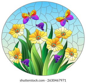 Stained glass illustration with a bouquet of flowers and butterflies, composition on a blue background