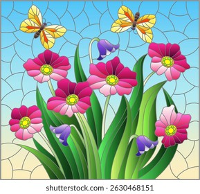 Stained glass illustration with a bouquet of flowers and butterflies, composition on a blue background