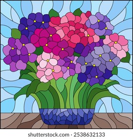 Ilustración de vitrales con un ramo de flores de hortensia, composición sobre un fondo azul