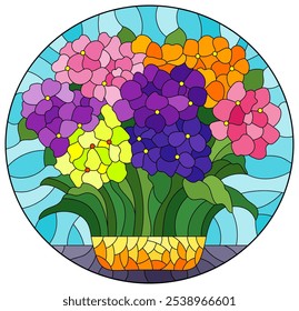Stained glass illustration with a bouquet of hydrangea flowers, composition on a blue background