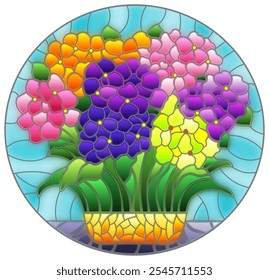 Stained glass illustration with a bouquet of hydrangea flowers, composition on a blue background