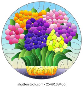 Ilustración de vitrales con un ramo de flores de hortensia, composición sobre un fondo azul