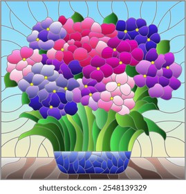 Stained glass illustration with a bouquet of hydrangea flowers, composition on a blue background