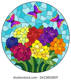 Stained glass illustration with a bouquet of hydrangea flowers, composition on a blue background