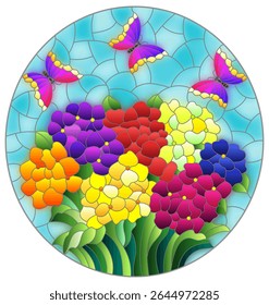 Stained glass illustration with a bouquet of hydrangea flowers, composition on a blue background