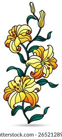 Ilustração em vidro manchado com buquê e lírios flores, flores isoladas em um fundo branco