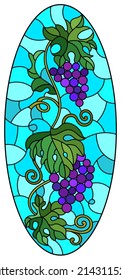 Stained glass illustration with a branch of grapes, berries and leaves on a blue background , oval image