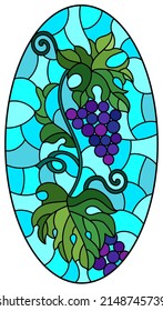 Stained glass illustration with a branch of grapes, berries and leaves on a blue background , oval image