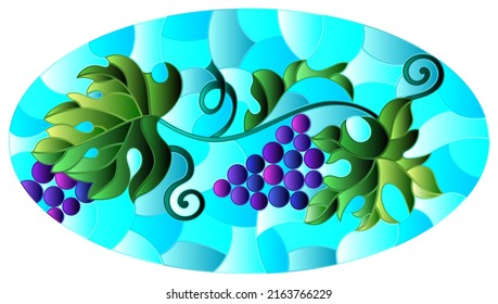 Stained glass illustration with a branch of grapes, berries and leaves on a blue background , oval image
