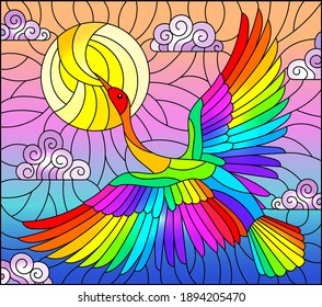 A stained glass illustration with a brigh rainbow bird flying against a cloudy sky and the sun, rectangular image