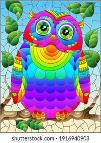 A stained glass illustration with a bright abstract owl on a background of tree branches and blue sky