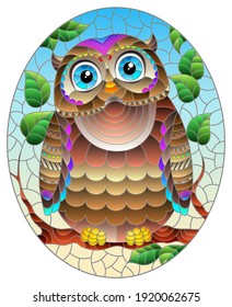 A stained glass illustration with a bright abstract owl on a background of tree branches and blue sky, oval image