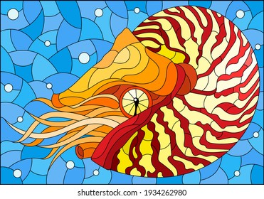 Stained glass illustration with a bright abstract nautilus on a background of water and air bubbles