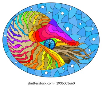 Stained glass illustration with a bright abstract nautilus on a background of water and air bubbles, oval image