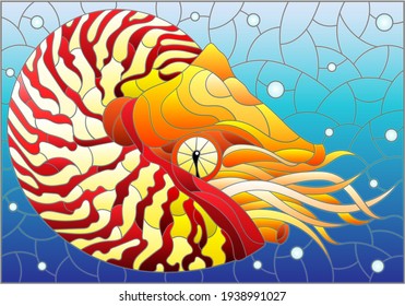 Stained glass illustration with a bright abstract nautilus on a background of water and air bubbles