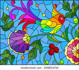 Stained glass illustration with a bright abstract bird on a background of leaves, flowers and blue sky, rectangular image