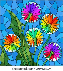 Stained glass illustration with bright abstract flowers on a blue background, rectangular image