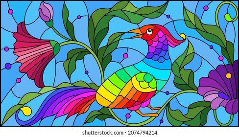 Stained glass illustration with a bright abstract bird on a background of leaves, flowers and blue sky, rectangular image