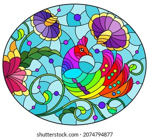 Stained glass illustration with a bright abstract bird on a background of leaves, flowers and blue sky, oval image