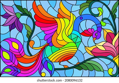 Stained glass illustration with a bright abstract peacock on a background of leaves, flowers and blue sky, rectangular image