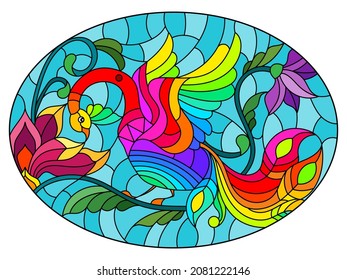 Stained glass illustration with a bright abstract bird on a background of leaves, flowers and blue sky, oval image