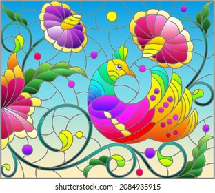 Stained glass illustration with a bright abstract bird on a background of leaves, flowers and blue sky, rectangular image